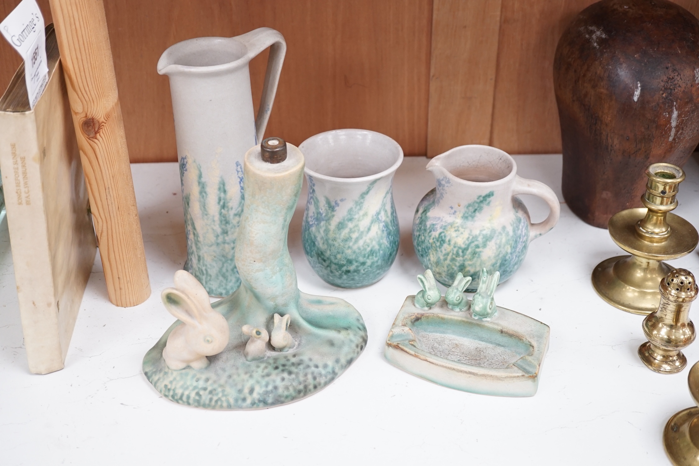 A 'rabbit and tree' Denby Ware pottery table lamp, a similar rabbit ashtray, two jugs and a vase, tallest 25cm (5). Condition - mostly good